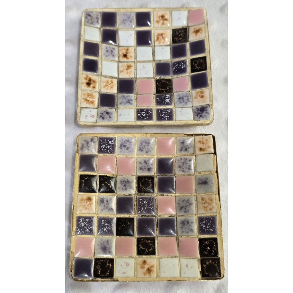 Vintage Mid Century Mosaic Tile Tray Set Of 2 Square Trinket Dish Ashtray Pastel